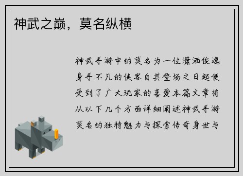 神武之巅，莫名纵横