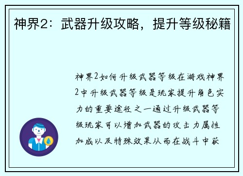 神界2：武器升级攻略，提升等级秘籍